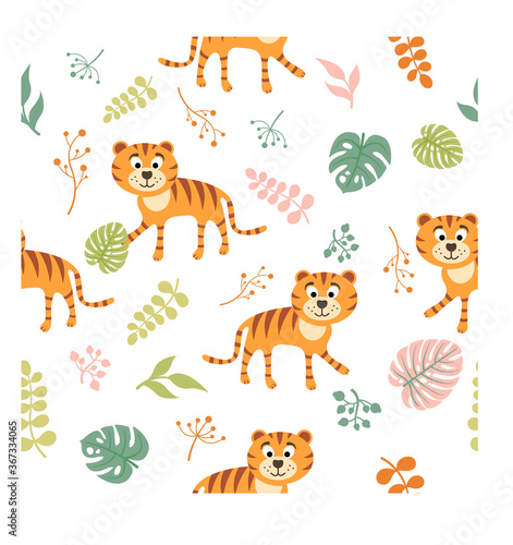 Isolated vector seamless pattern with tiger and leafs, animals for kids. Illustration for textile and texture design