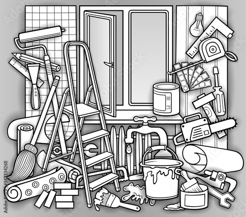 Cartoon doodle hand drawn home repair illustration