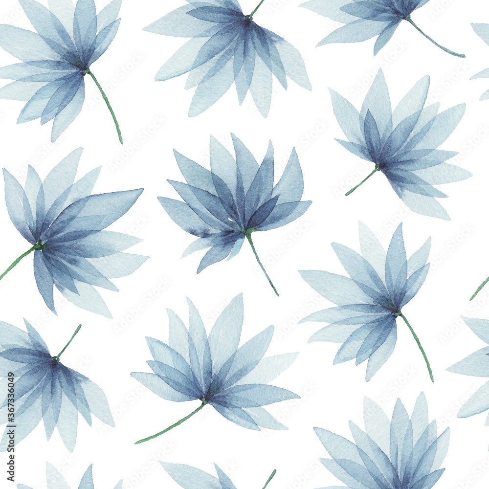 Watercolor Seamless Pattern indigo blue beautiful flowers, hand drawn illustration isolated on white