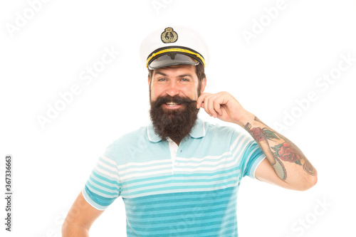 Great captain with great mustache. Happy seaman twirl mustache. Bearded man smile in mustache. Barbershop. Journey and discovery. Summer vacation. My boat my mustache © be free