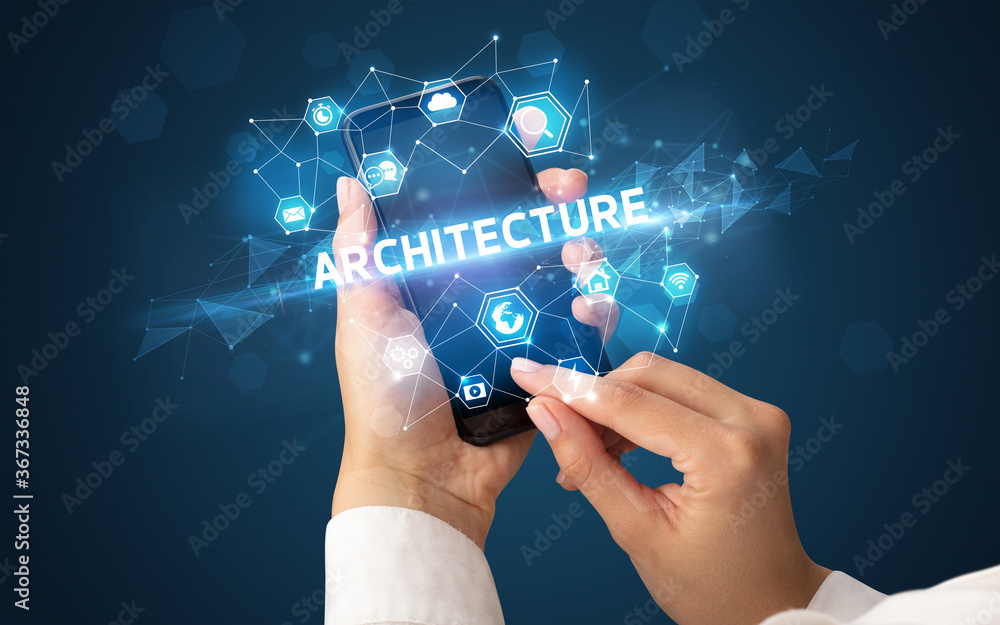 Female hand holding smartphone with ARCHITECTURE inscription, modern technology concept