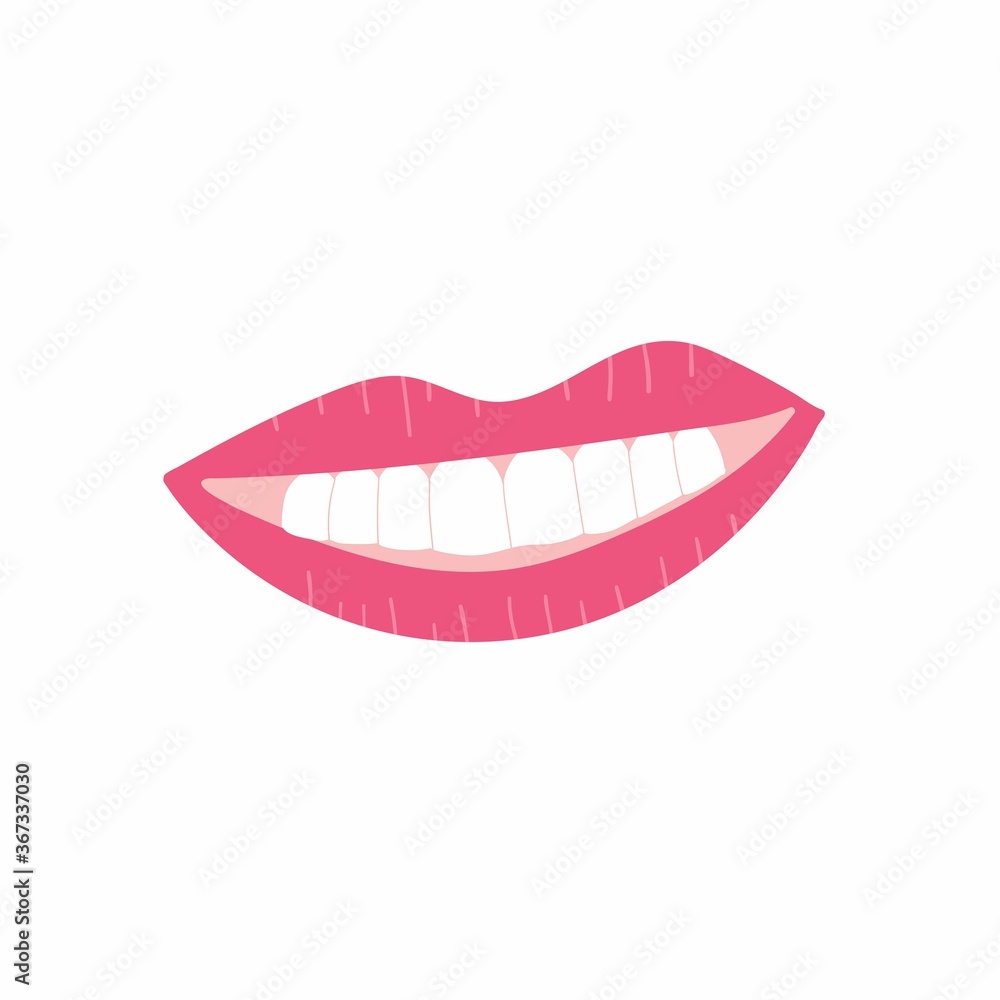 Fototapeta premium Lip. Female lips and mouth with a kiss, smile and teeth. Fashion sexy glamour badge element vector illustration isolated
