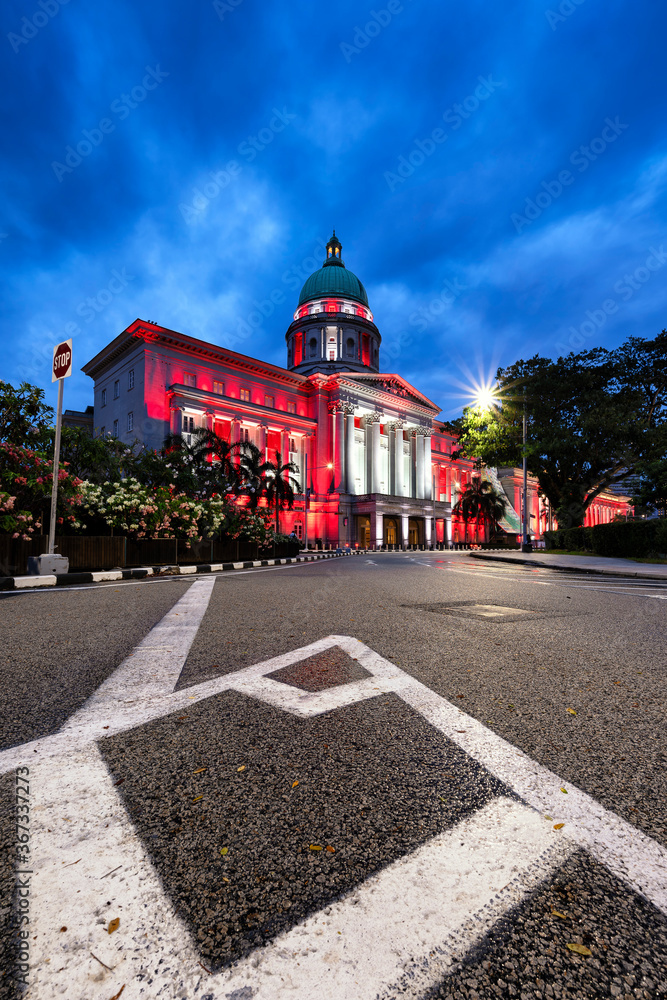 National Gallery Singapore lit up with Red and White lights in commemoration of its 55th National Day