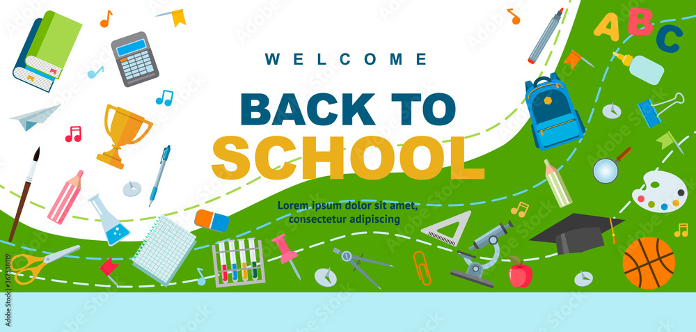 Back to school poster design. Backpack, pen and school supplies on a  colorful background. Vector illustrations can be used for web banner,  advertising, signs. Student bag with cool accessories Stock Vector |