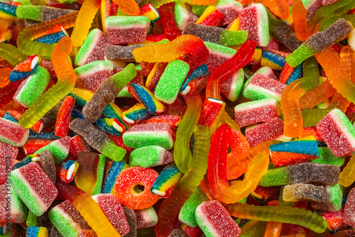 Assorted gummy candies. Top view. Jelly sweets background.