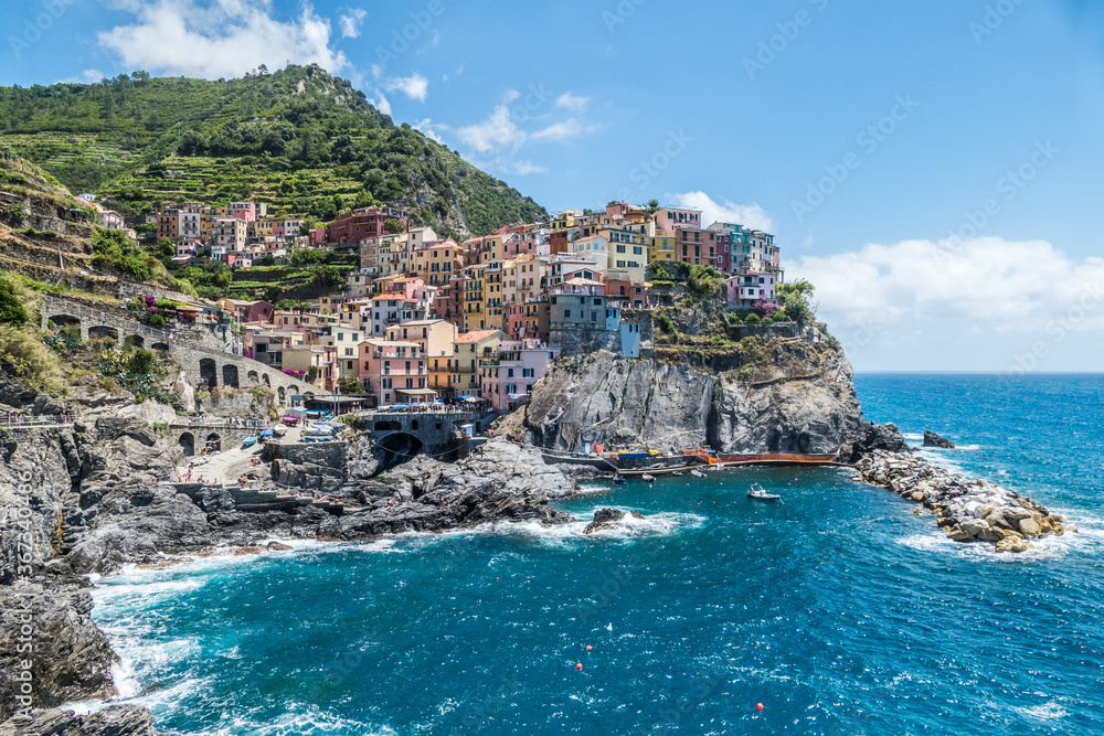 Aerial view of Manarola in Cinque Terre, beautiful town above the sea