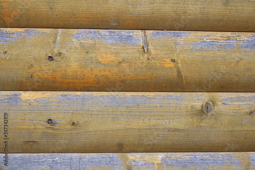 Part of shabby wooden wall painted yellow close-up, background image