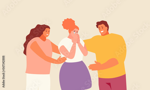 Friends comforting a distressed and crying girl. Friendship support vector illustration