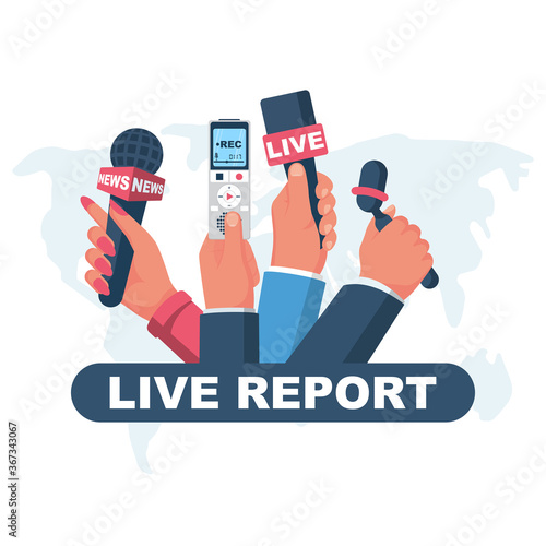 Live report concept. Microphones and voice recorder in reporter hands a journalist. Template press conference or interview. Breaking hot news. Mass media. Vector illustration flat design. Live news.