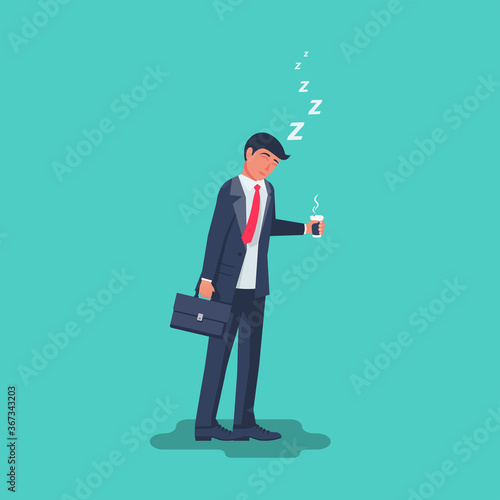 Sleepy businessman in a suit with a briefcase stands with a cup of coffee. Dose of energy on Monday morning. A cup of hot black coffee in hand. Vector illustration flat design. Isolated on background.