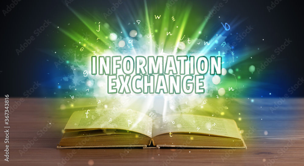 INFORMATION EXCHANGE inscription coming out from an open book, educational concept INFORMATION EXCHANGE inscription coming out from an open book, educational concept