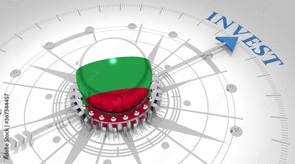 Business concept. Abstract compass points to the invest word. Flag of the Bulgaria. 3D rendering Business concept. Abstract compass points to the invest word. Flag of the Bulgaria. 3D rendering