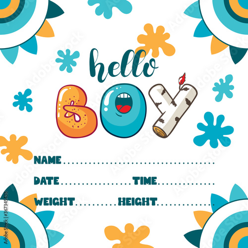 Baby birth announcement with funny hand-drawn lettering. Hello boy