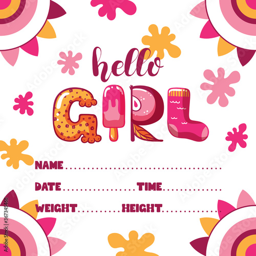 Baby birth announcement with funny hand-drawn lettering. Hello girl