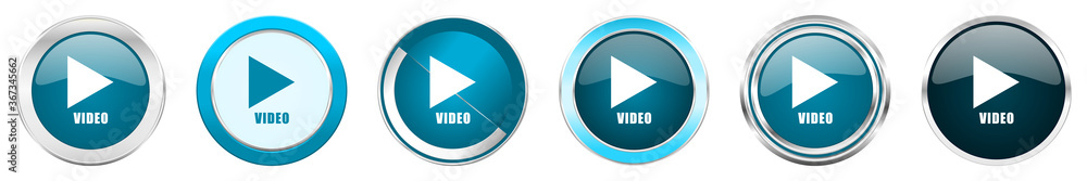 Video silver metallic chrome border icons in 6 options, set of web blue round buttons isolated on white background Video silver metallic chrome border icons in 6 options, set of web blue round buttons isolated on white background