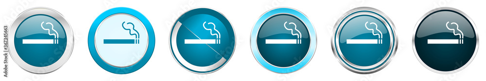 Cigarette silver metallic chrome border icons in 6 options, set of web blue round buttons isolated on white background