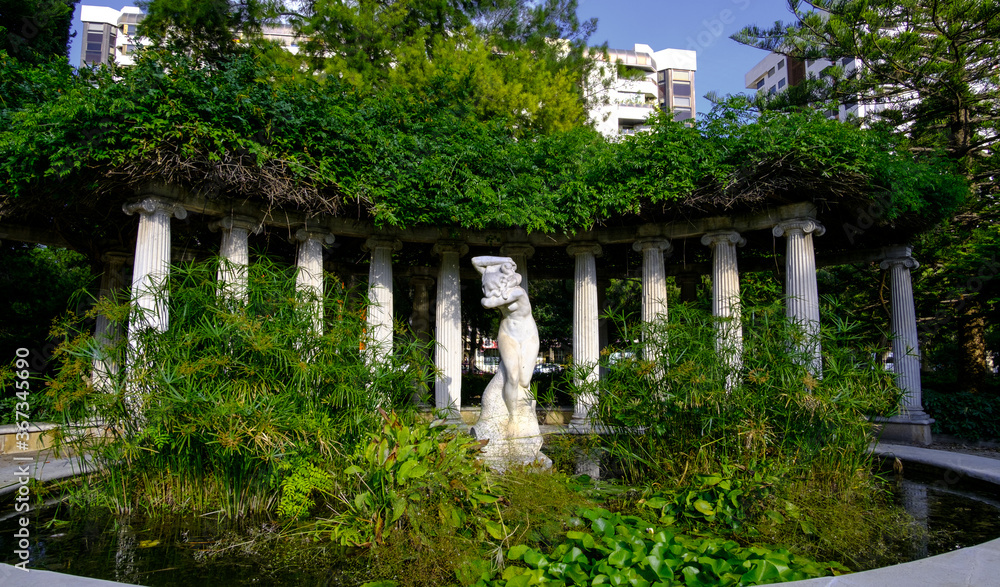Jardines del Real, water fountain with sculpture columns architecture pergola Viveros Valencia, near old dry riverbed of the River Turia Jardines del Real, water fountain with sculpture columns architecture pergola Viveros Valencia, near old dry riverbed of the River Turia
