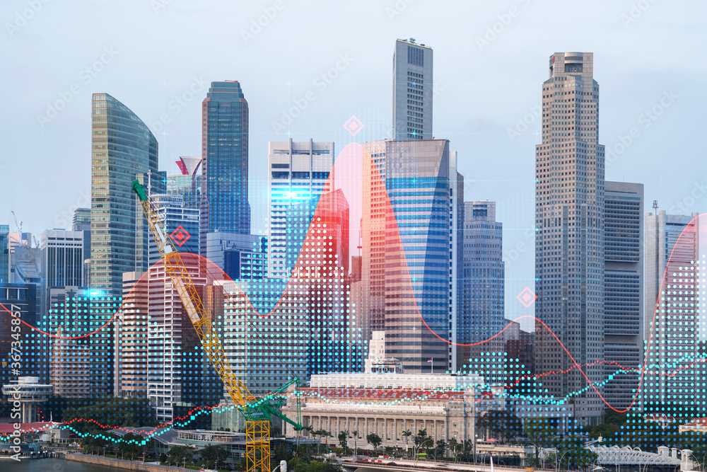 Obraz premium Forex and stock market chart hologram over panorama city view of Singapore, the financial center in Asia. The concept of international trading. Double exposure.
