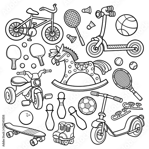 Cartoon doodles hand drawn kids toys objects set.
