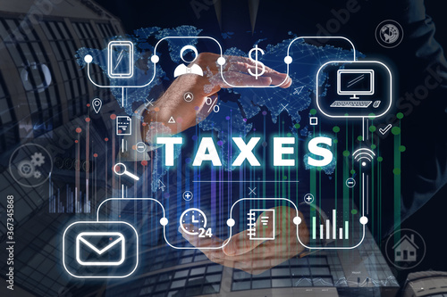 Fotografi Tax concept. Man demonstrating scheme with icons