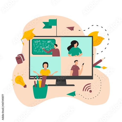 Illustration flat design concept of online education. Students learn in distant during a pandemic coronavisrus. Vector illustration photo