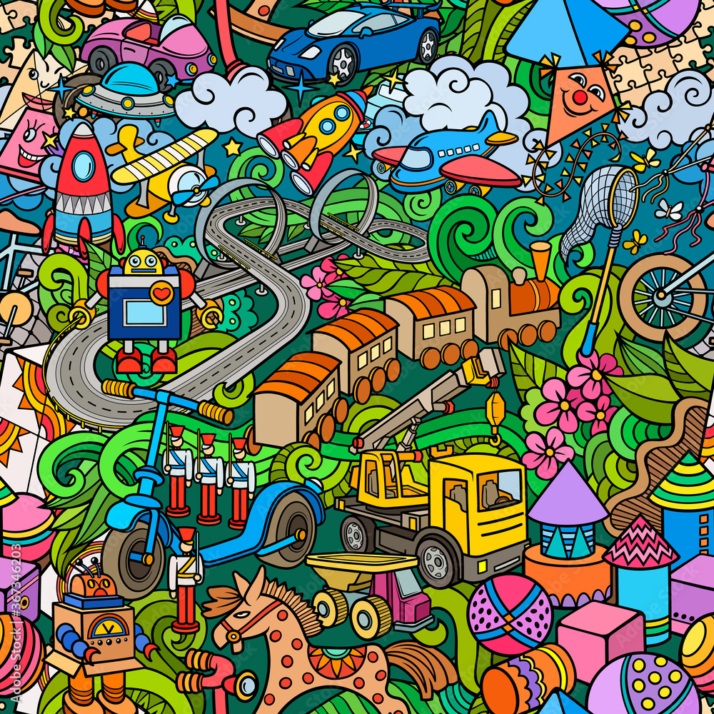 Obraz premium Cartoon cute doodles kids toys seamless pattern.