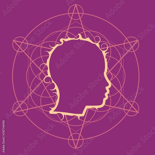 Mystical geometry symbol. Linear alchemy, occult, philosophical sign. For music album cover, poster, sacramental design. Astrology and religion concept. Outline silhouette of human head