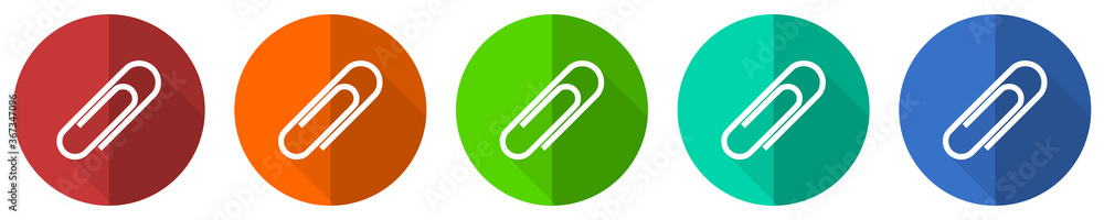 Paperclip icon set, red, blue, green and orange flat design web buttons isolated on white background, vector illustration Paperclip icon set, red, blue, green and orange flat design web buttons isolated on white background, vector illustration