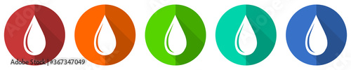 Water drop icon set, red, blue, green and orange flat design web buttons isolated on white background, vector illustration