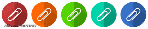 Paperclip icon set, red, blue, green and orange flat design web buttons isolated on white background, vector illustration