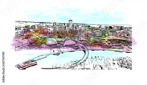 Building view with landmark of Adelaide is South Australia’s cosmopolitan coastal capital .Watercolor splash with hand drawn sketch illustration vector.