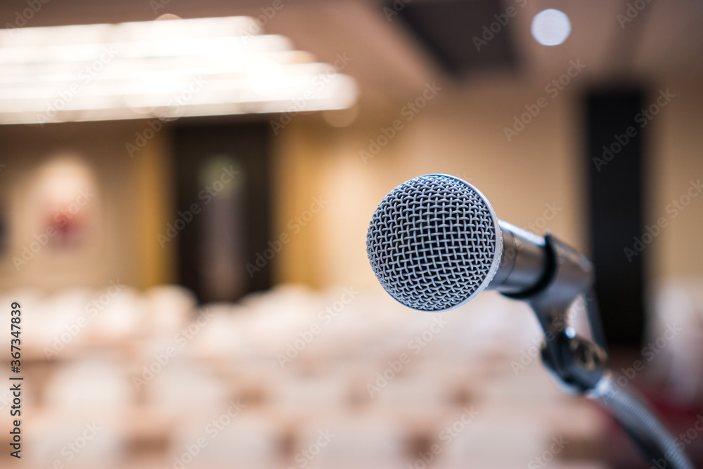 Microphones for speech or speaking in seminar Conference room, talking for lecture to audience university, Event light convention hall Background. Business Talk Presentation concept Microphones for speech or speaking in seminar Conference room, talking for lecture to audience university, Event light convention hall Background. Business Talk Presentation concept