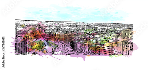 Building view with landmark of Adelaide is South Australia’s cosmopolitan coastal capital .Watercolor splash with hand drawn sketch illustration vector.