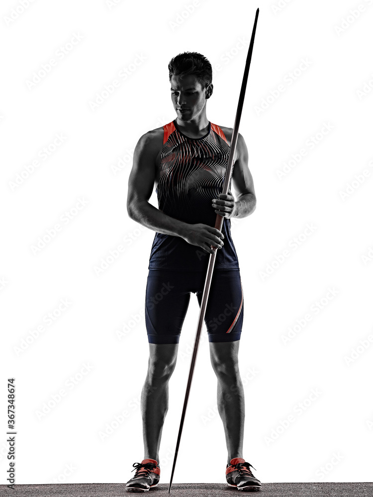 one young caucasian athlete man practicing Javelin athletics in studio isolated on white background one young caucasian athlete man practicing Javelin athletics in studio isolated on white background