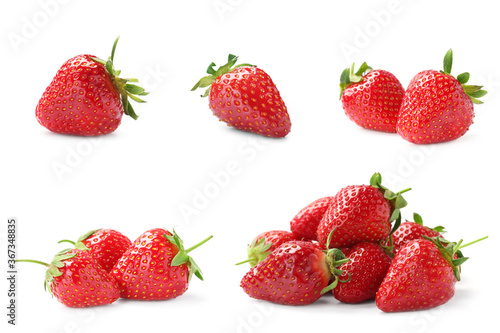 Set of delicious ripe strawberries on white background
