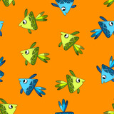 Seamless pattern with cute fish on orange background. Vector cartoon animals colorful illustration. Adorable character  Flat style.