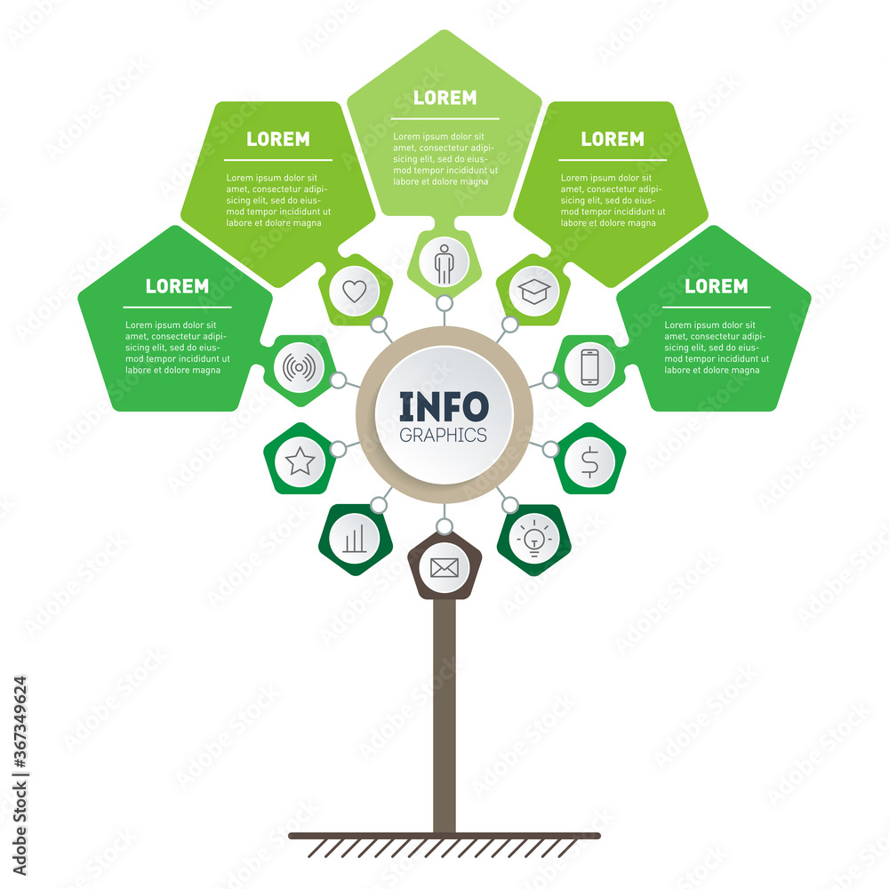 Infographic of green technology or education process with 5 options. Template of tree, info chart or diagram. Eco Business presentation concept with five points. Vector.