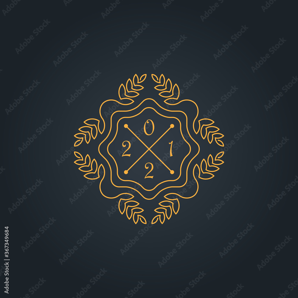 Monogram with new year date, simple and graceful design template. Elegant lineart logo design. Logotype 2021.