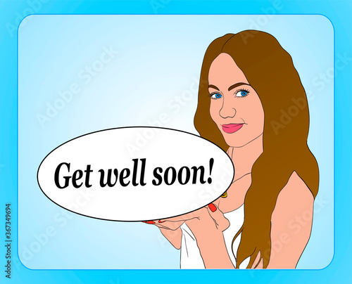 Get well soon vector card with a girl holding oval sign