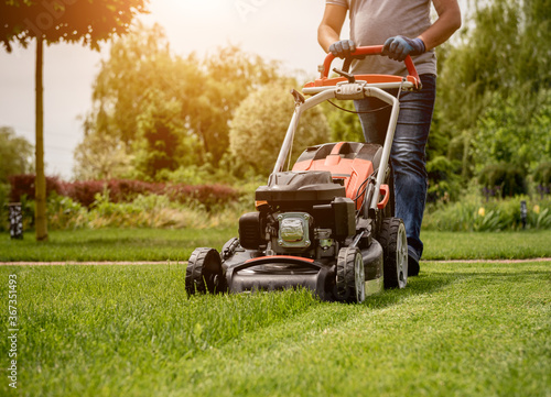 Gardener mowing the lawn. Landscape design. Green grass background photo