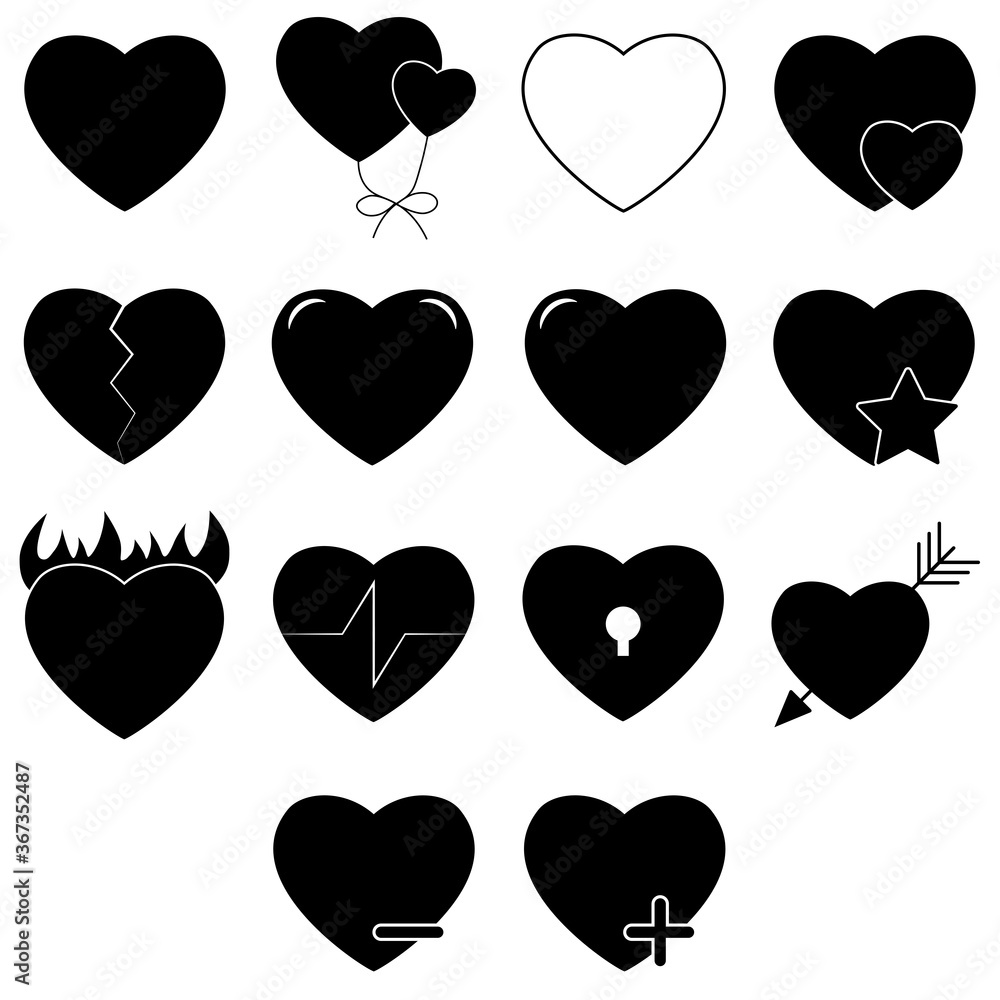 Set of black heart icon isolated on white background. Love concept. Vector flat design