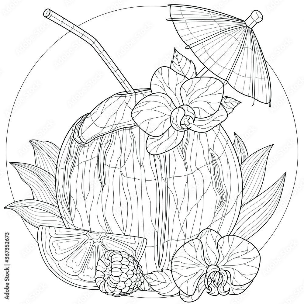 Coconut cocktail with oranges,
raspberry and orchids.Tasty sweets.Coloring book antistress for children and adults. Zen-tangle style.