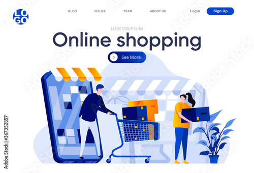 Online shopping flat landing page. Shopping with mobile application, couple with trolley full of purchases vector illustration. Internet marketplace web page composition with people characters.