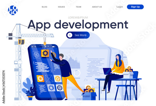 App development flat landing page. Team of developers creating mobile application vector illustration. Full stack development, software engineering web page composition with people characters.