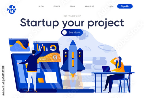 Startup your project flat landing page. Team of startup founders launching new project vector illustration. Innovation solution, business idea generation web page composition with people characters,