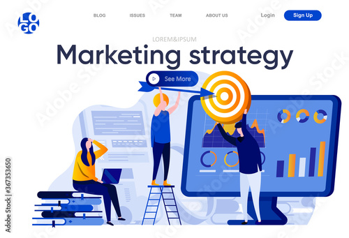 Marketing strategy flat landing page. Marketing team doing target audience research vector illustration. Data analysis and finding potential customers web page composition with people characters