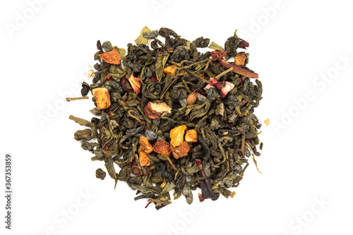  Leaves of Chinese Dry Tea Top Grade with Goji Berries and Powdered Acai on White Background