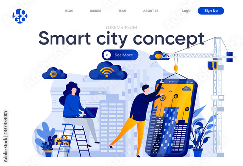Smart city concept flat landing page. Developers team creating mobile app for smart house vector illustration. Internet of things, wireless networking web page composition with people characters.
