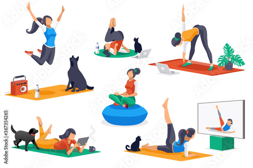 Yoga doing activities. Yoga characters, workout for people stretching in healthy poses. Leisure, female sports, different female poses stretching workouts. Cartoon girl character. Flat concept Vector.