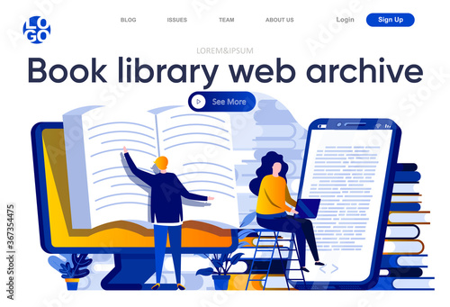 Book library web archive flat landing page. Students online reading books at computer and on smartphone vector illustration. Distance education and knowledge web page composition with people character